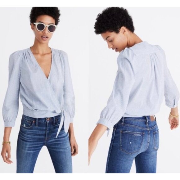 MADEWELL Indigo Blue + White Stripe Wrap-Front 3/4 Length Sleeve Blouse Size XXS - Picture 1 of 8